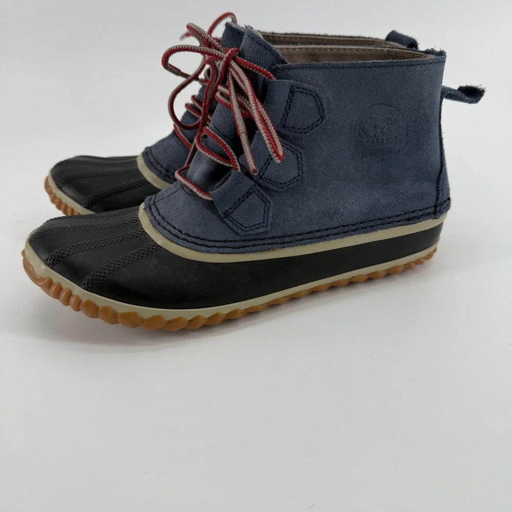 Sorel Out N About Blue Canvas Black Rubber Rain Boots‎ Women's size 7 Sample